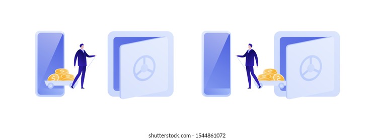 Vector flat business people illustration. Online bank concept. Male businessman with coin truck between smartphone and safe isolated on white. Design element for banner, poster, web, infographic