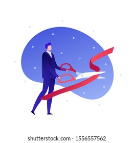 Vector flat business people illustration. Businessman with big scissors cut red ribbon isolated on white background. Concept or grand opening. Design element for banner, poster, web, infographic