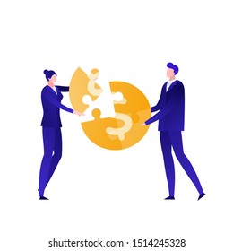 Vector flat business puzzle person illustration. Male and female businessman holding dollar coin pieces. Concept of teamwork, collaboration. Design element for banner, poster, infographic, web.