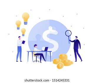 Vector flat business puzzle person illustration. Businessman male and female team light bubble idea, dollar, magnifier and laptop signs. Design element for banner, poster, infographic, web.