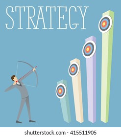 Vector flat business strategy concept. Business man shoots a bow to the target