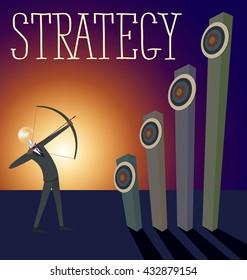 Vector flat business strategy concept. Business man shoots a bow to the target