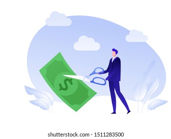 Vector Flat Business Tax Cut Person Illustration. Man With Scissors Cut Dollar Banknote Isolated On White. Concept Of Tax Reduce. Design Element For Banner, Poster, Web