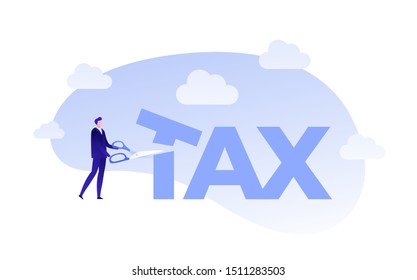 Vector flat business tax cut person illustration. Man with scissors cut tax text isolated on white. Concept of lower tax. Design element for banner, poster, web