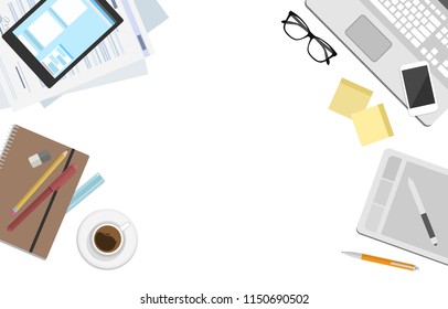 Vector flat business workplace supplies on white background with space for your text - top view