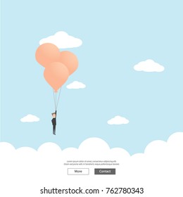 Vector flat businessman with balloon on sky. Success illustration. Business concept of goal, achievement, competition and triumph design.