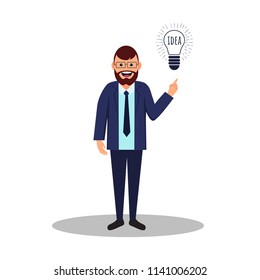 Vector flat businessman with idea bulb. Vector creative illustration