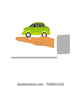 vector flat businessman opened hand palm keeping green ecological electric car vehicle. isolated illustration on a white background.