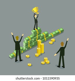 Vector flat businessman success, achievement and profit concept. Man in formal clothing standing at banknote cash dollar money winner podium holding golden trophy, other business people approve