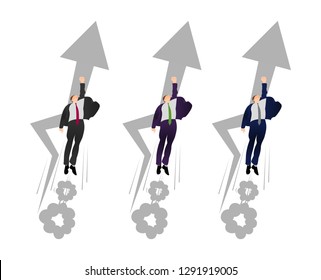 Vector flat businessman in a superman pose blast off. Man flies to profit. Hurry up concept. Flying superhero manager. Concept of buisness profit, earnings, power, income and etc.