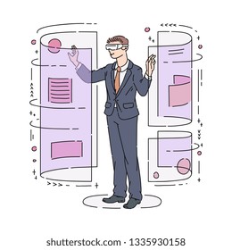 Vector flat businessman in virtual reality headset in 360 degrees simulation with interactive screen. Male character in VR goggless enjoying cyberspace. Modern visual technologies concept.