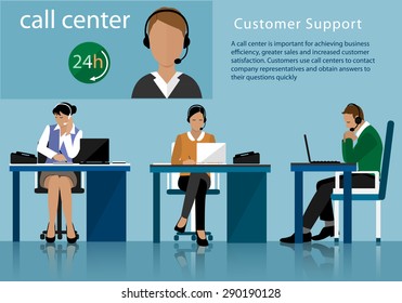 Vector flat call center concept with man and woman in headsets. Operators working in line with their headsets in office.
