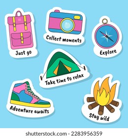 Vector flat camping stickers set of backpack, camera, compass, campfire, sneakers, tent. Summer hiking  set in retro style for social media, web design, mobile message, chat, scrapbooking. 