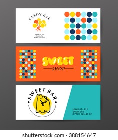 Vector flat candy bar and sweet shop logo design. Sweet store art insignia cards design. Bakery, kid toys store, home made cakes, pies logo, restaurant, cafe, catering brand mark leaflet design.