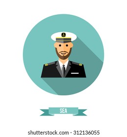 Vector flat captain icon. hief on board in naval uniform on round shape background with long shadow.
