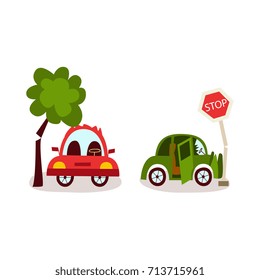 vector flat car accident set. Red vehicle stands near falling to it tree, green auto crashed into road sign damaged its front bamper. Isolated illustration on a white background