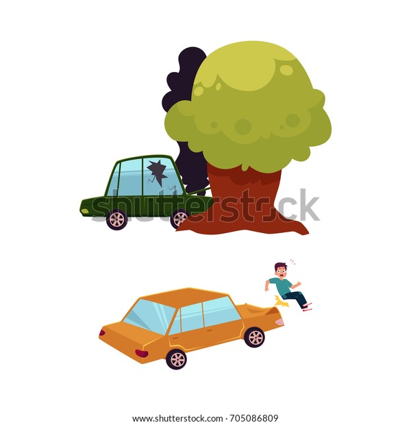 vector flat car accident set. Green colored\
vehicle with cracked window glass, black smoke coming from hood\
crashed into the tree, car hit pedestrian. Isolated illustration on\
a white background.