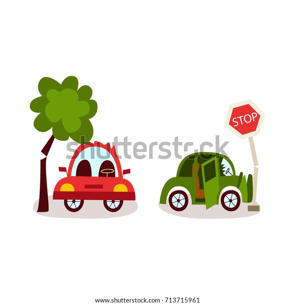vector flat\
car accident set. Red vehicle stands near falling to it tree, green\
auto crashed into road sign damaged its front bamper. Isolated\
illustration on a white\
background