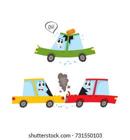 vector flat car characters with face crash, accident set. Head-on collision, both vehicle have broken glasses smoke from hood, brick fallen to auto s roof. Isolated illustration on a white background