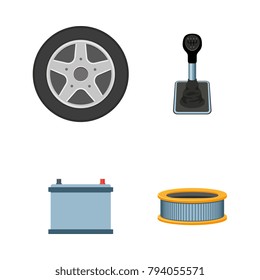 Vector Flat Car Parts Icon Set. Auto Accumulator, Car Battery, Engine Air, Oil Filter, Wheel With Tyre, Manual Gear Box, Transmission Speed Shift Stick. Isolated Illustration On A White Background