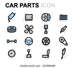 Vector flat car parts icons set on white background