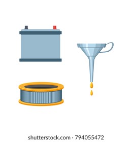 vector flat car parts, symbols icon set. Auto accumulator, car battery, engine air, oil filter, oil funnel lubricant. Isolated illustration on a white background.