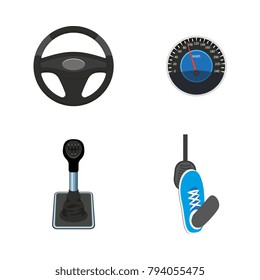 vector flat car parts, symbols icon set. Steering wheel, foot pressing pedal, speedometer, gearshift, transmission stick. Isolated illustration on a white background.