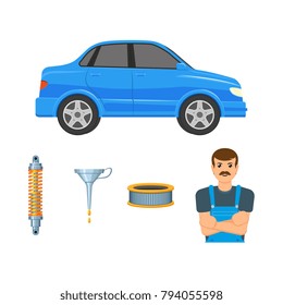 vector flat car parts, symbols icon set. Blue colored sedan car , handyman mechanic in uniform, shock absorber, damper, oil funnel, arburator air filter Isolated illustration white background