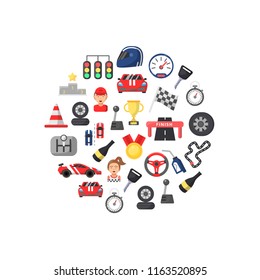 Vector flat car racing icons in circle shape isolated on white background illustration