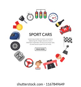 Vector flat car racing icons in circle shape with place for text illustration isolated on white background