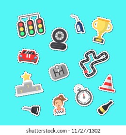 Vector flat car racing icons stickers of set illustration isolated on blue