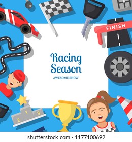 Vector flat car racing icons background with place for text illustration