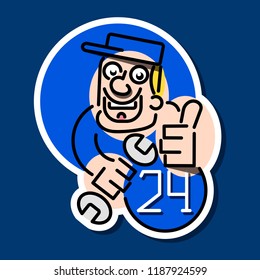 Vector flat car repair, 24-hour service, mechanics services, repair. Illustration of blue background