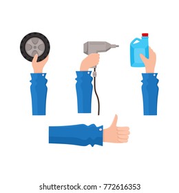vector flat car service design object icon. Man hand in working uniform holding wrench, engine oil canister, automatic screwdriver, car wheel, showing thumbs up. Isolated illustration white background