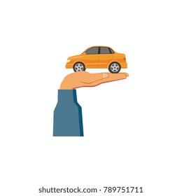 vector flat car service design objects icon. Man hand in working uniform holding orange sedan car. Mechanics maintenance concept. Isolated illustration on a white background.