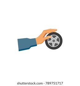 vector flat car service design objects icon. Handyman, mechanic hand in uniform holding auto wheel with tire. Mechanics maintenance concept. Isolated illustration on a white background.
