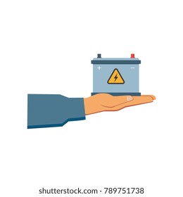 vector flat car service design objects icon. Handyman, mechanic hand in uniform holding auto accumulator, car battery. Mechanics maintenance concept. Isolated illustration on a white background.
