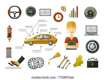 vector flat car service infographic elements icon set. Man professional mechanic, car parts repairing process, tools, equipment, laptop, monitor with growing performance graph. Illustration isolated