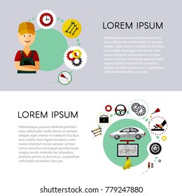 vector flat car service infographic posters set with man professional mechanic, car parts repairing process, tools, equipment and laptop with car diagnostics icons. Illustration with space for text