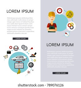 vector flat car service infographic posters set with man professional mechanic, car parts repairing process, tools, equipment and laptop with car diagnostics icons. Illustration with space for text