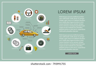 vector flat car service infographics set with mechanic, car parts battery, wheel, repairing process, tools, equipment, laptop with car diagnostics icons. Illustration with text space, green background