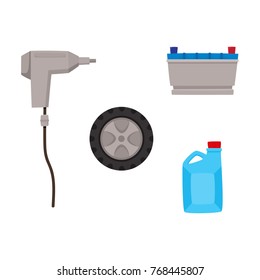vector flat car service, maintenance icons set. Automatic screwdriver, car wheel, engine oil canister and car battery. Isolated illustration on a white background