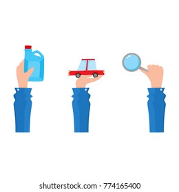 vector flat car service, maintenance icons set. Man mechanic hand in working uniform holding magnifer glass, engine oil canister and sedan red car . Isolated illustration on a white background