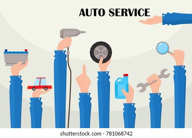 vector flat car service poster with handyman hands holding repairing tools. Man hand in working uniform holding wrench, engine oil canister, automatic screwdriver, car wheel. Isolated illustration