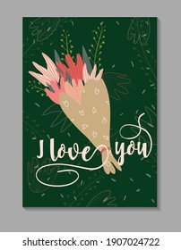 Vector flat card with a bouquet of tulips on the green background. Tender vector illustration with a bouquet of flowers. Bouquet for valentines day, women on International Women's Day or Mother's Day