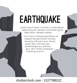 Vector flat card with earthquake and space for text. Splits and cracks. Faults in the ground. Natural disaster. Modern cataclysm. Ravine and rocks. Template for article, slide and your design.