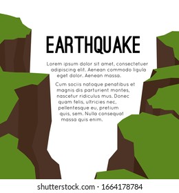 Vector flat card with earthquake and space for text. Splits and cracks. Faults in the ground. Natural disaster. Modern cataclysm. Ravine and rocks. Template for article, slide and your design.