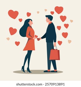 Vector flat card with Valentine's Day. Lovers. A guy and a girl give their hearts to each other, symbolizing love, romance and care. For love sites, invitations, dating apps, posters, banners