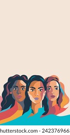 Vector flat card with vertical banner poster place for text for Women's Day. Strong women from different cultures stand together side by side. Vector concept feminism gender equality women's rights