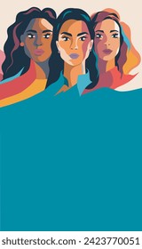 Vector flat card with vertical banner poster place for text for Women's Day. Strong women from different cultures side by side together. Vector concept feminism gender equality women's rights
